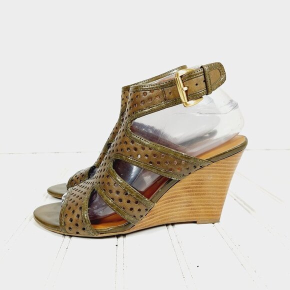 Franco Sarto Gavel Brown Leather Buckle Ankle Strap Wedge Sandals I268 - Picture 1 of 13